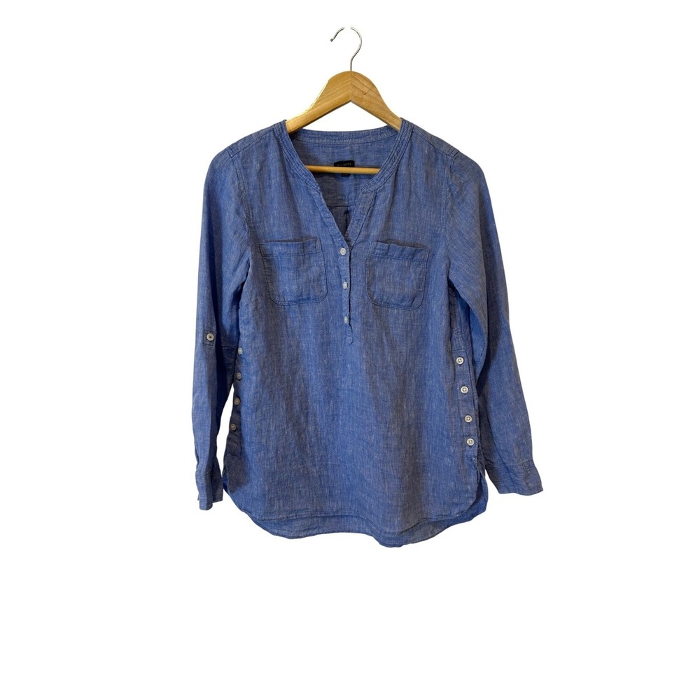 Talbots Linen Tunic Top Women Small Blue Popover Side Slit Coastal Nautical